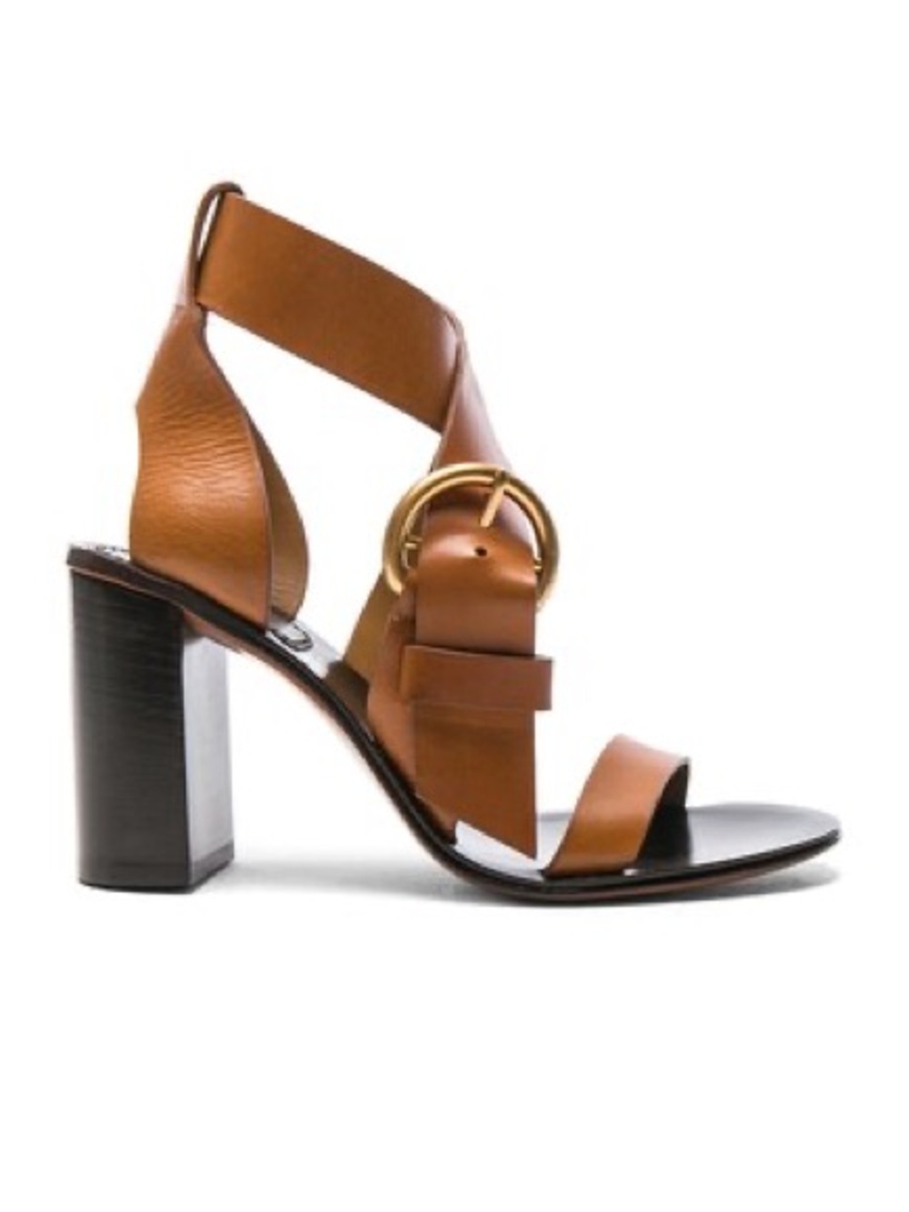 Chloe “Nils” Tan Leather Block Heel Sandal with Gold Buckle